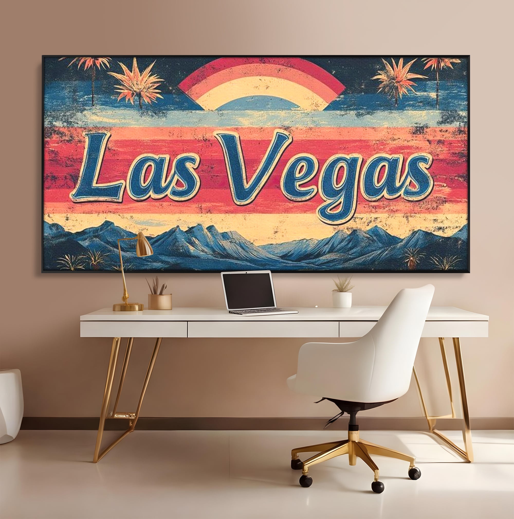 Tablou canvas cu ilustratie retro las vegas cu curcubeu si munti, in rama de aluminiu negru, pe perete intr-un birou